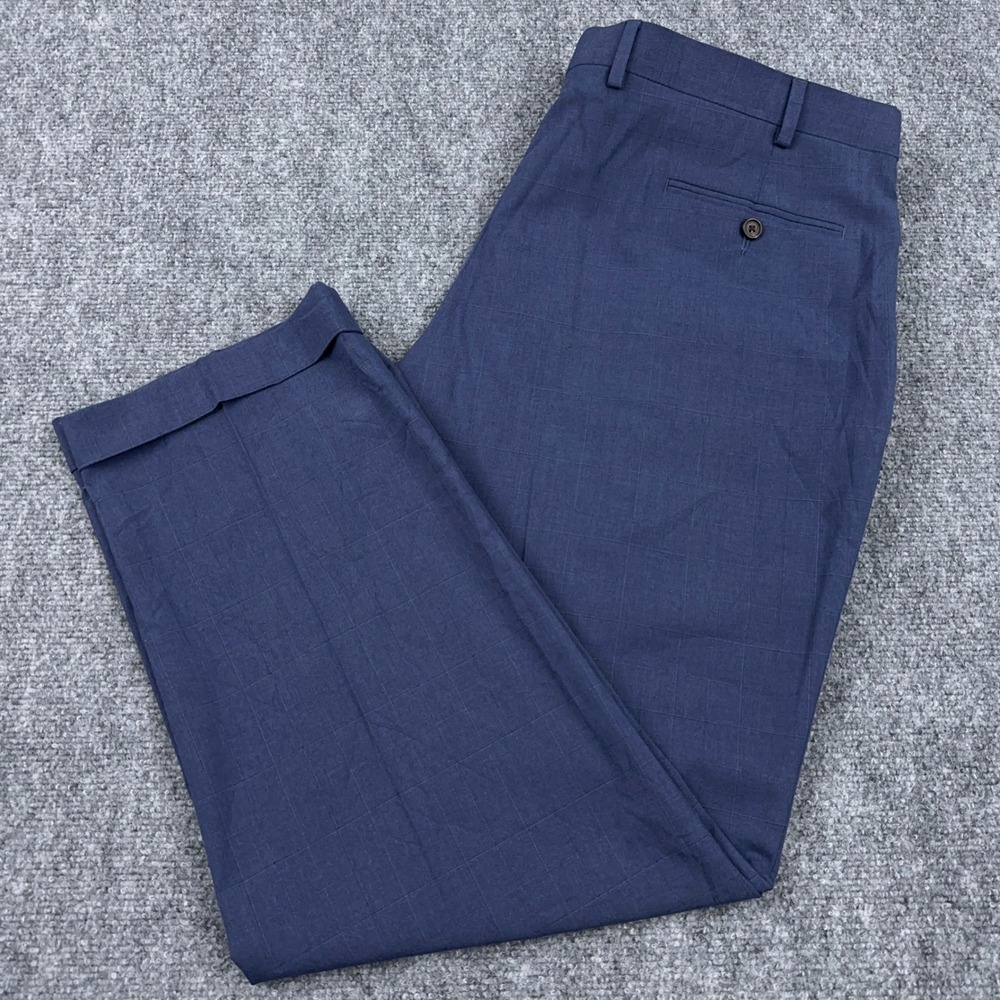 Ralph Lauren Dress Pants Mens 40x30 Blue Windowpane Plaid Pleated Cuffed Stretch
